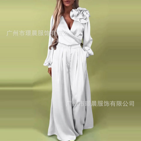 Women's Luxury Elegant V-Neck Satin Long Sleeve Top Wide Leg Pants Set m302297