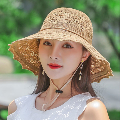 Chapeau haut de forme à bords ondulés pour femme, protection solaire et pare-soleil d'été, m3331172