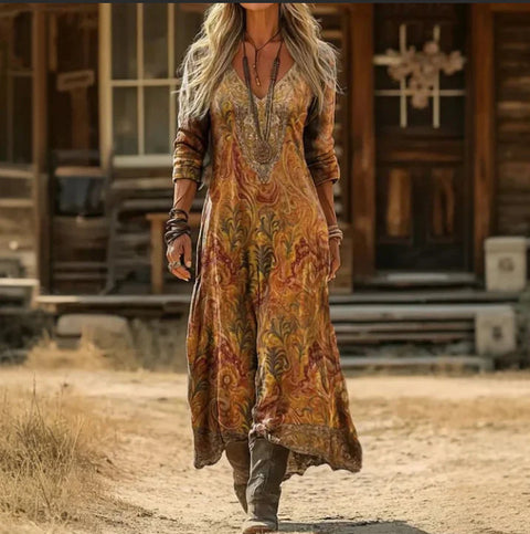 Creative tie-dye 3D printing women's new V-neck long-sleeved dress medium and long dress m302799
