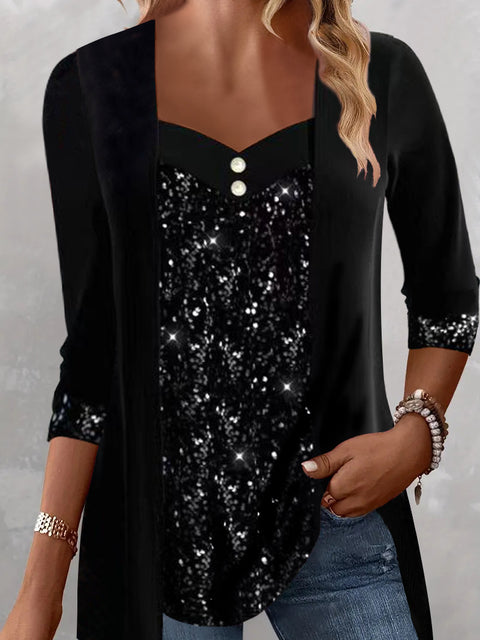 Bead splicing button long sleeve women's top m300420