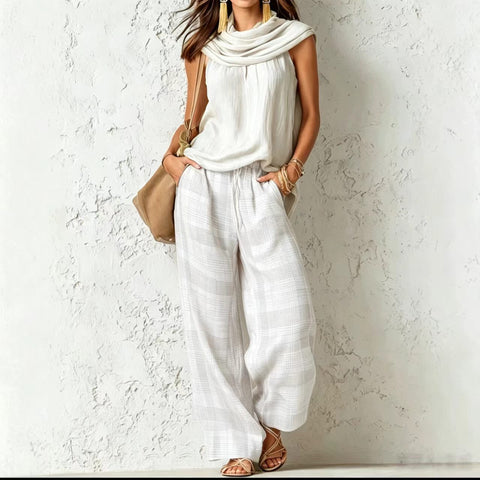 Retro casual fashion sleeveless top and plaid pants set m303064