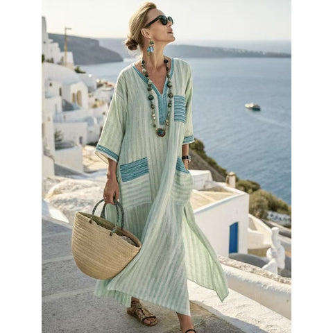 Holiday long striped embroidered dress m302762