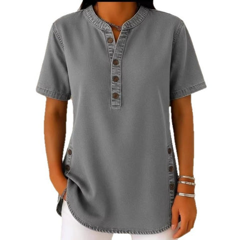 Crew Neck Button Daily Commuter Denim Casual Short Sleeve T-Shirt FF303259