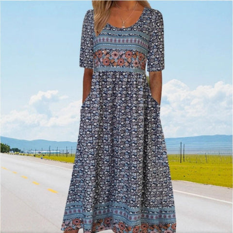 Up and down splicing pocket size printing large wide dress m302623-2