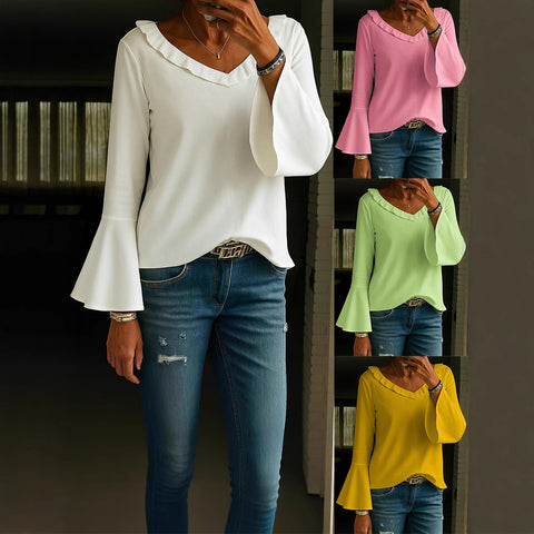 Casual long-sleeved V-neck regular multi-color women's top T-shirt m303111