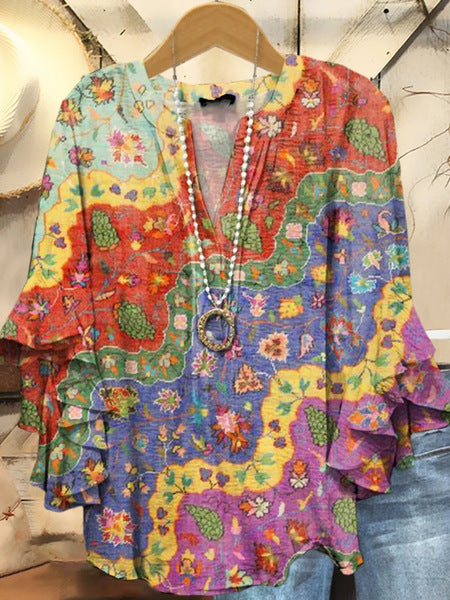 Creative floral element printing digital printing casual trend V-neck lotus edge horn T-shirt m302747