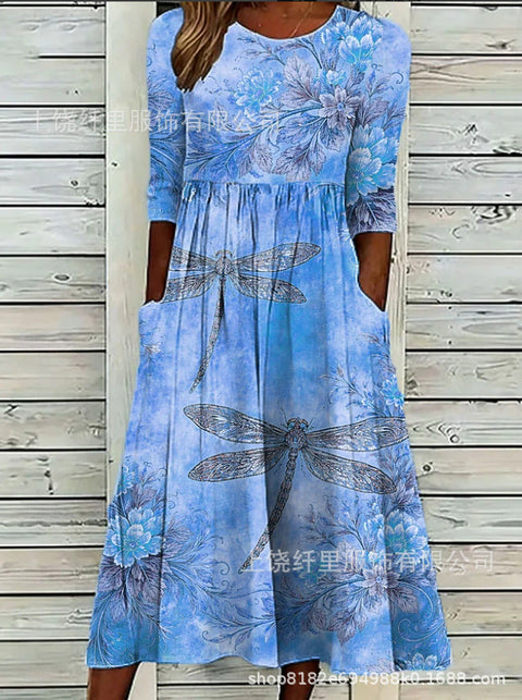 3D printed crew neck floral art holiday dress m303038