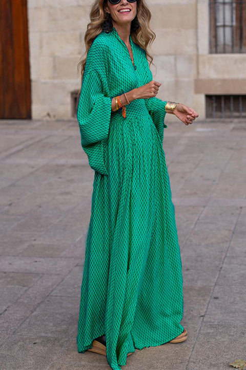 Autumn long-sleeved loose V-neck waist pendulum dress women's m301675