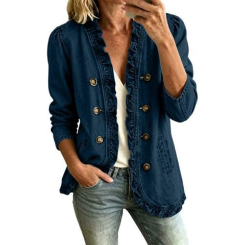 Washed denim jacket women's ruffle edge button-up denim jacket FF303256