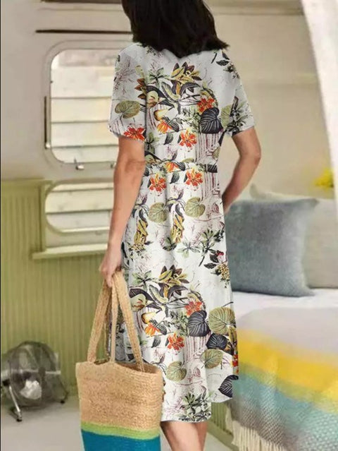 Summer printed cotton and linen retro ethnic style loose short-sleeved pendulum dress m301970