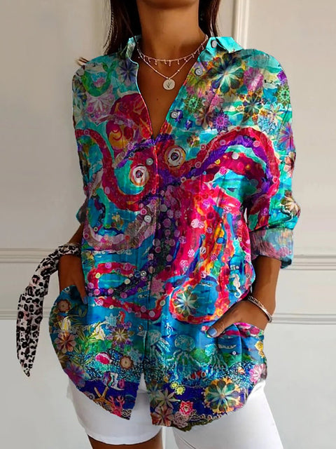 Linglong hemp long shirt women's long-sleeved shirt printing pattern m303195