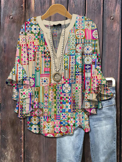 Creative floral element printing digital printing casual trend V-neck lotus edge horn T-shirt m302747