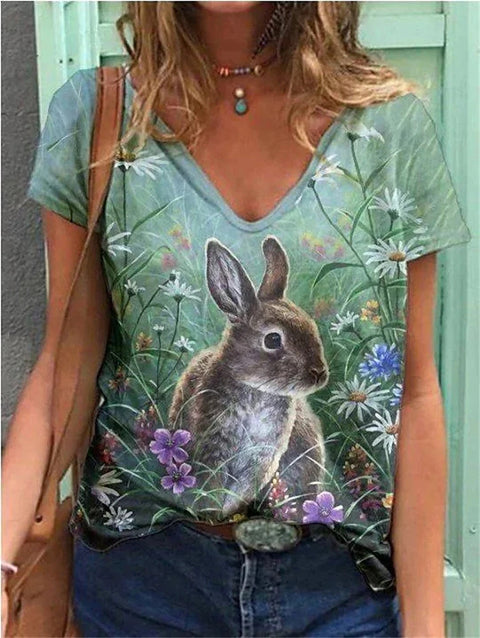 Spring new rabbit pattern printed short-sleeved crew neck T-shirt m302418