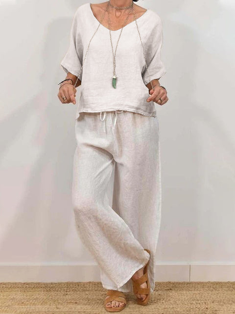 Lässiger V-Ausschnitt-Pullover mit Fünfviertelärmeln und Hose, mehrfarbig, zweiteiliges Damen-Set m301430 
