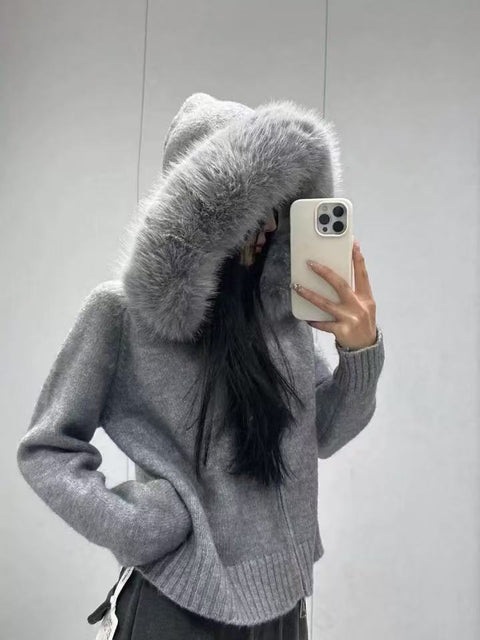 Hooded fur collar splicing knitted sweater jacket women's autumn and winter simple cardigan m302131