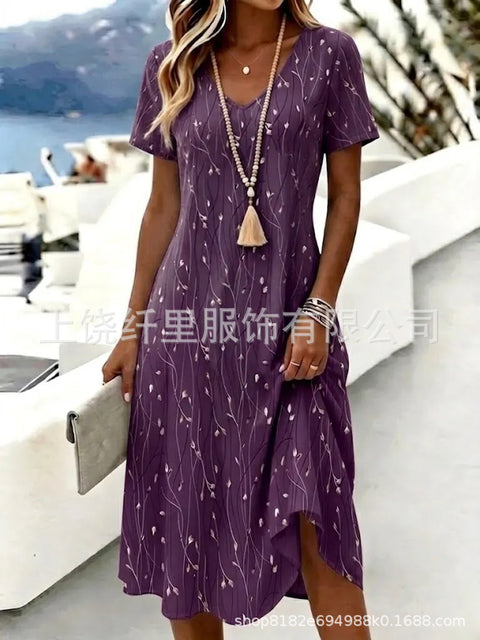 Printed women's v-neck short-sleeved temperament fashion dress m303046