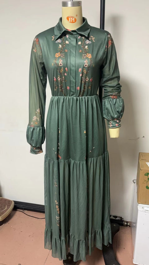 Long Sleeve Printed Long Dress Shirt Collar Dress Long Dress m301982