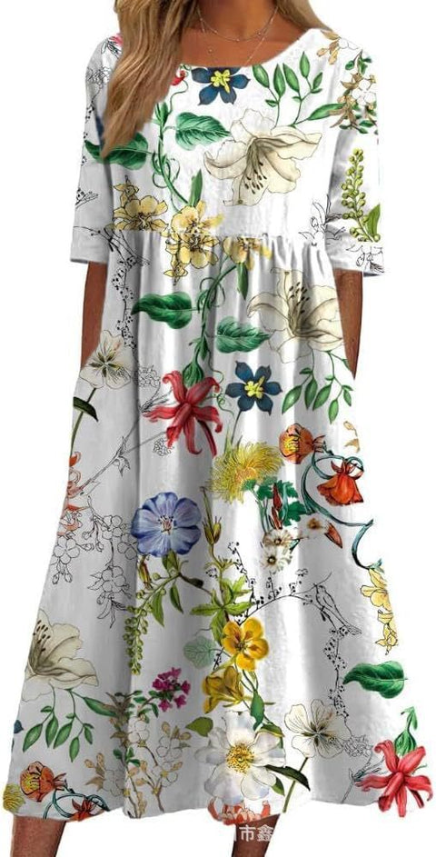 Damen Casual Rundhals Pullover Kurzarm 3D Druck Plissee Taille Swing Langes Kleid m301299 