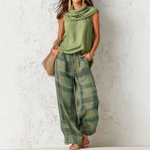 Retro casual fashion sleeveless top and plaid pants set m303064