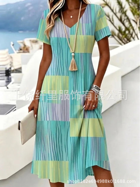Printed women's v-neck short-sleeved temperament fashion dress m303046