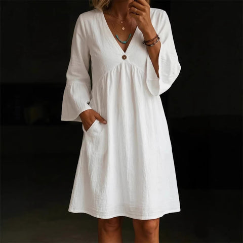 Elegant loose button V-neck solid color women's dress m302734
