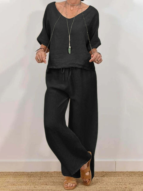 Lässiger V-Ausschnitt-Pullover mit Fünfviertelärmeln und Hose, mehrfarbig, zweiteiliges Damen-Set m301430 
