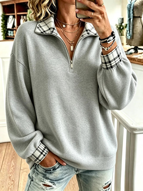 Plaid solid color printed women's semi-zipper stand-up neck sweater FF303402