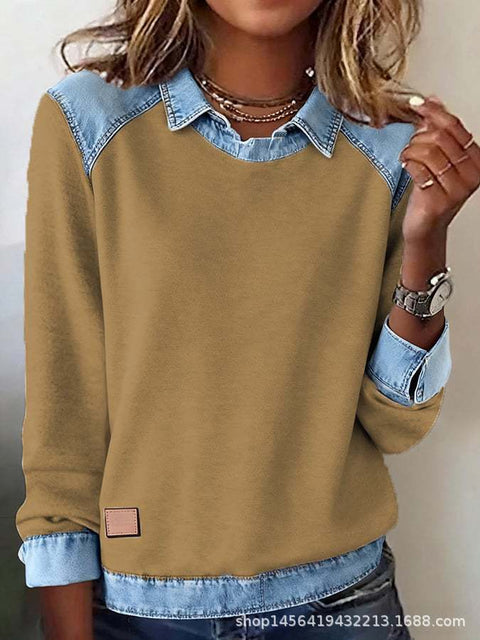 Denim collar long sleeves pullover spliced knitted sweater top m302161