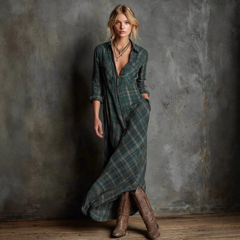 Temperament elegant long-sleeved plaid shirt skirt fashion plaid shirt collar dress m302504