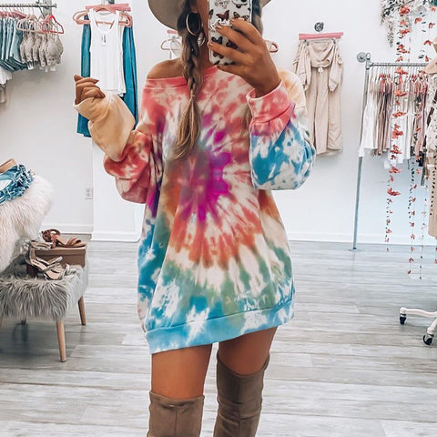 Women's printed spiral tie-dye crew neck sweater skirt m301212