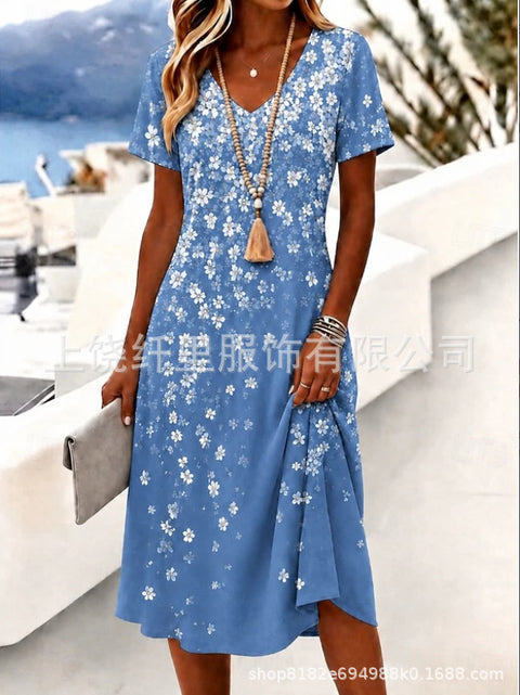 Printed women's v-neck short-sleeved temperament fashion dress m303046