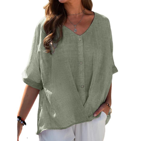 Pull ample à manches courtes et col en V en coton et lin pour femme, haut décontracté m301320 