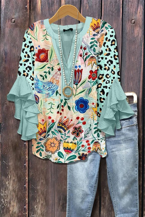 Creative floral element printing digital printing casual trend V-neck lotus edge T-shirt m301358