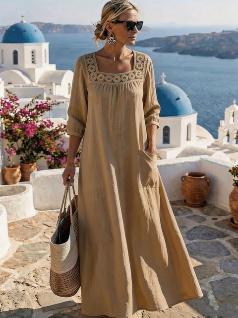 Casual square collar 7-point sleeve washed cotton solid color women's dress m303165