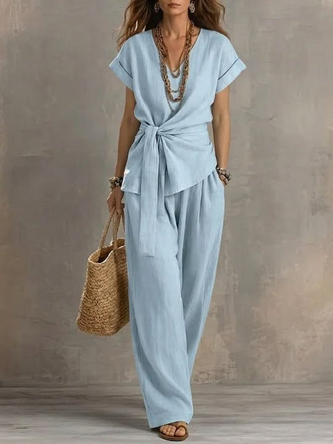 Casual V-neck pullover short-sleeved trousers washed cotton set m303163