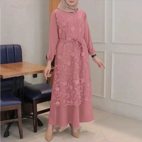 Robe longue ample à col ras du cou et manches longues en dentelle pour femme musulmane, m301325 