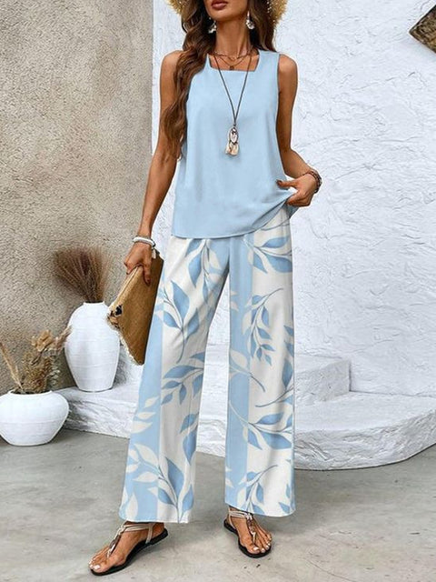 Casual square neck pullover vest plus trousers digital printing women's two pieces m301436