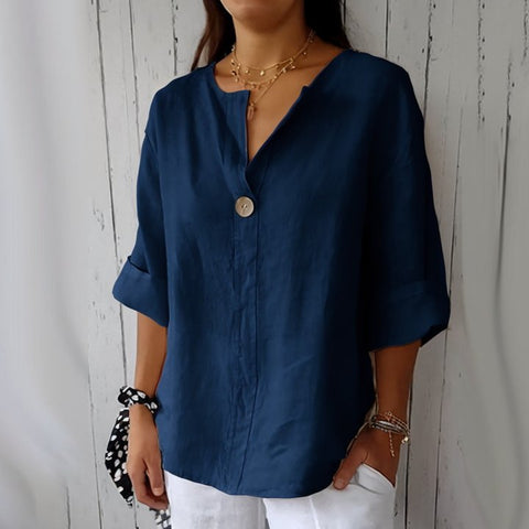 Lockeres T-Shirt Damen V-Ausschnitt Baumwolle und Leinen Button-Up Top m300385 