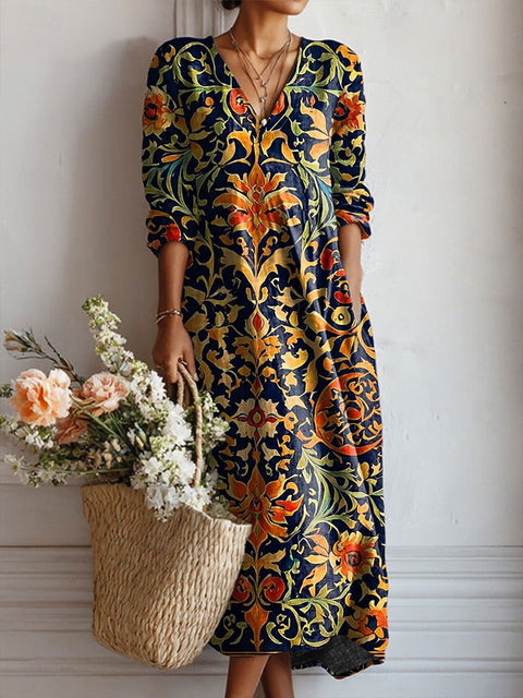 Women's loose V-neck fashion high-end long-sleeved printed collar dress m302766