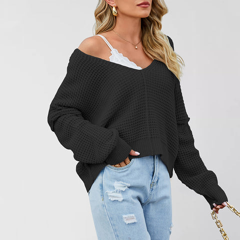 V-neck solid color off-the-shoulder loose hot-selling knitted sweater FF303369