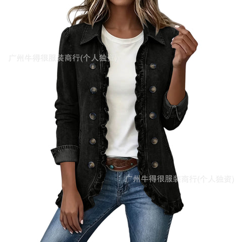 Jacket Edge Button Cardigan Women's Lapel Button Loose Casual Denim Jacket FF303254
