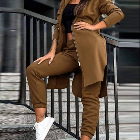 Casual hooded fleece sweater jacket two-piece set m300682