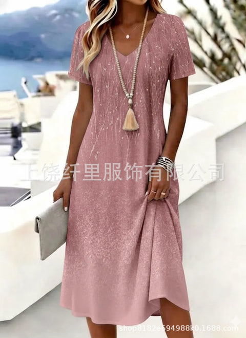 Printed women's v-neck short-sleeved temperament fashion dress m303046