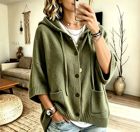 Multi-color hooded knitted cardigan loose seven-quarter sleeve sweater FF303358