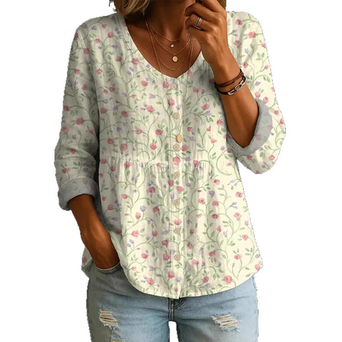 Crew Neck Women's Floral 3D Printed Henley Shirt FF303180