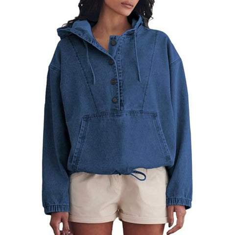Fashion denim hoodie button-down pullover jacket denim sweatshirt FF303261