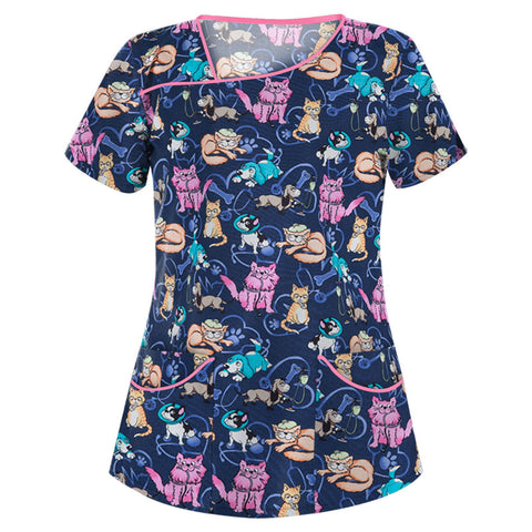 Printed V-neck short-sleeved pocket T-shirt women's top m301596