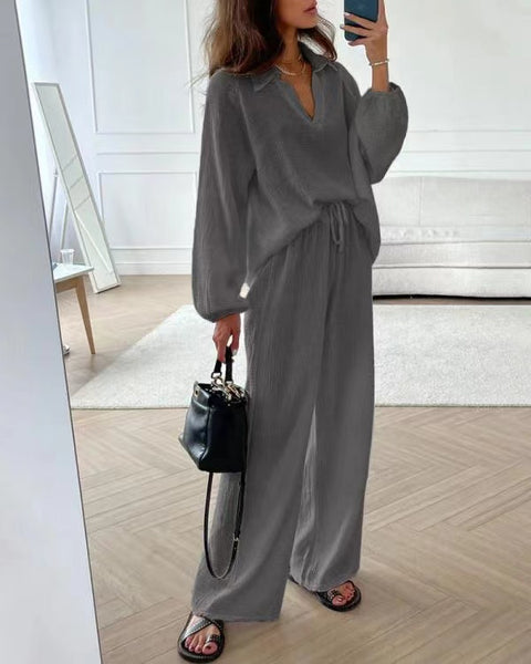 Elegante frauen casual lose anzug frauen lange-ärmeln top + kordelzug hosen anzug herbst revers zwei-stück set m301184 