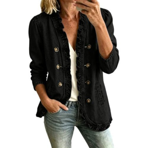 Washed denim jacket women's ruffle edge button-up denim jacket FF303256