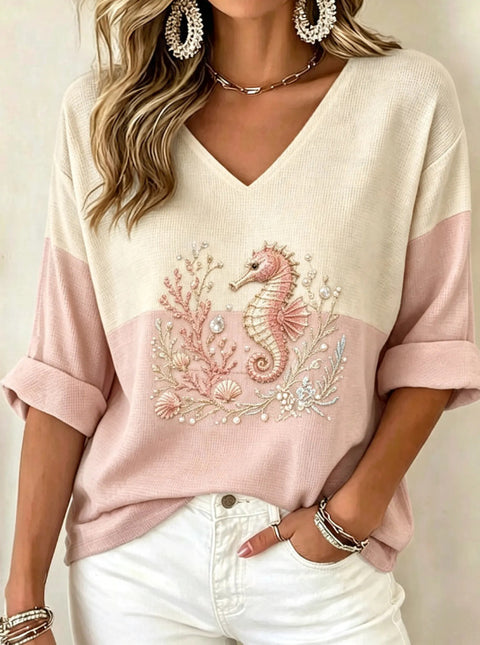 Shoulder V-neck long-sleeved pullover print women's T-shirt m303200